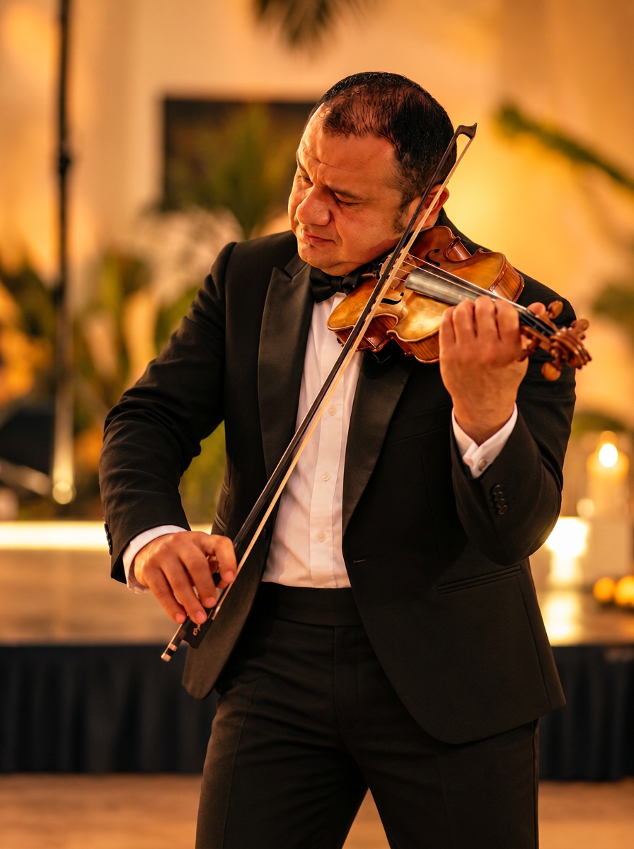 Violinista de esmoquin tocando en una velada